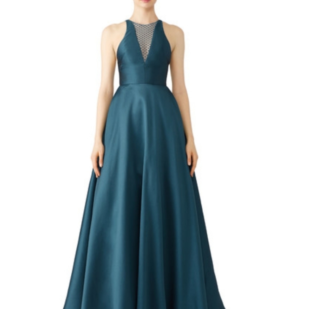 Monique Lhuillier teal satin lace dot ball gown